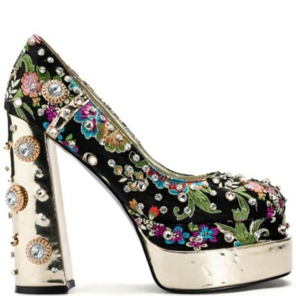 AZALEA WANG " EMBELISHED GEM JEWEL " SATIN PUMP IN BLACK (BRAND NEW!) - Picture 5 of 7